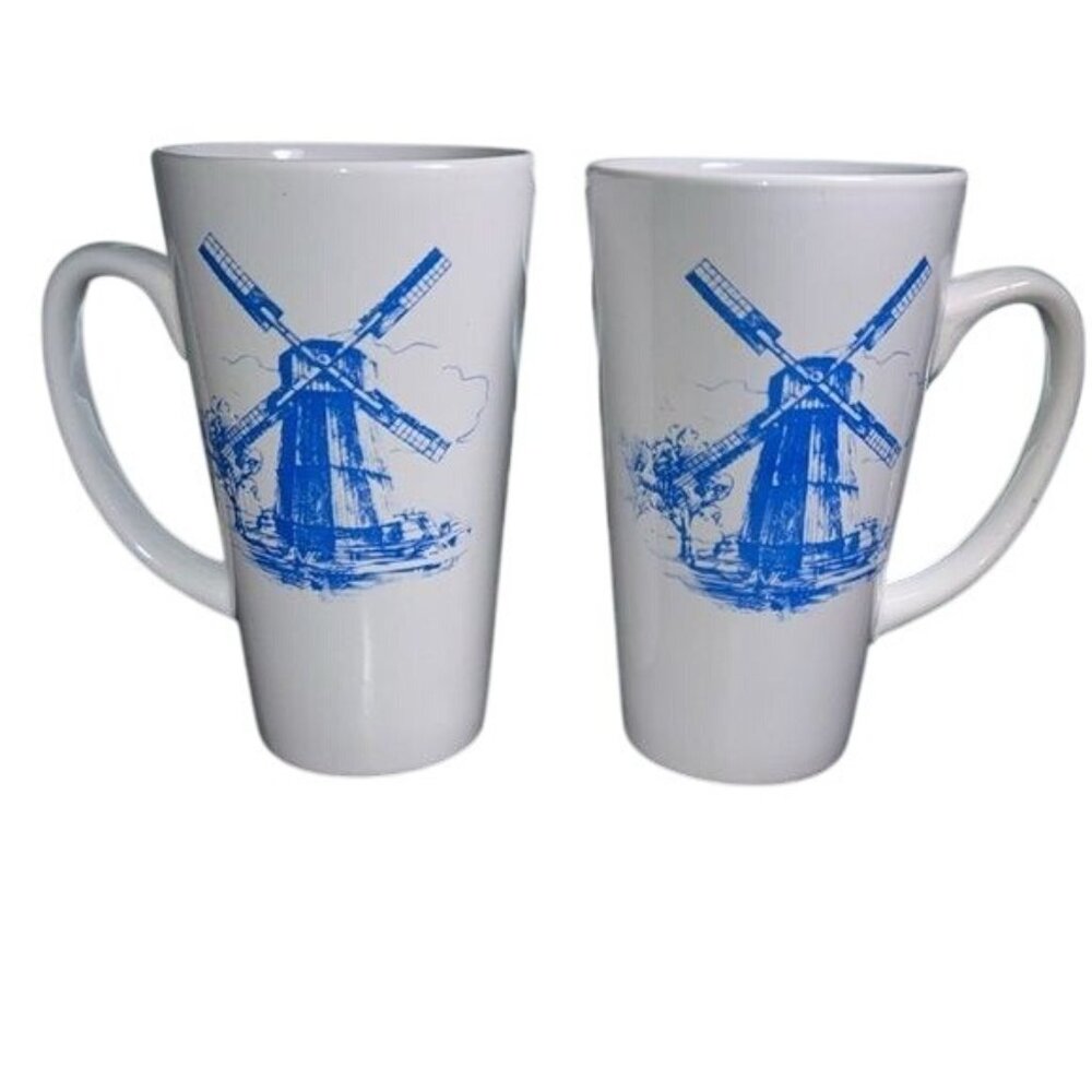 Set Of 2 Mark & Place White Ceramic Mugs With Blue Windmill Design 18 Oz Dishwas
